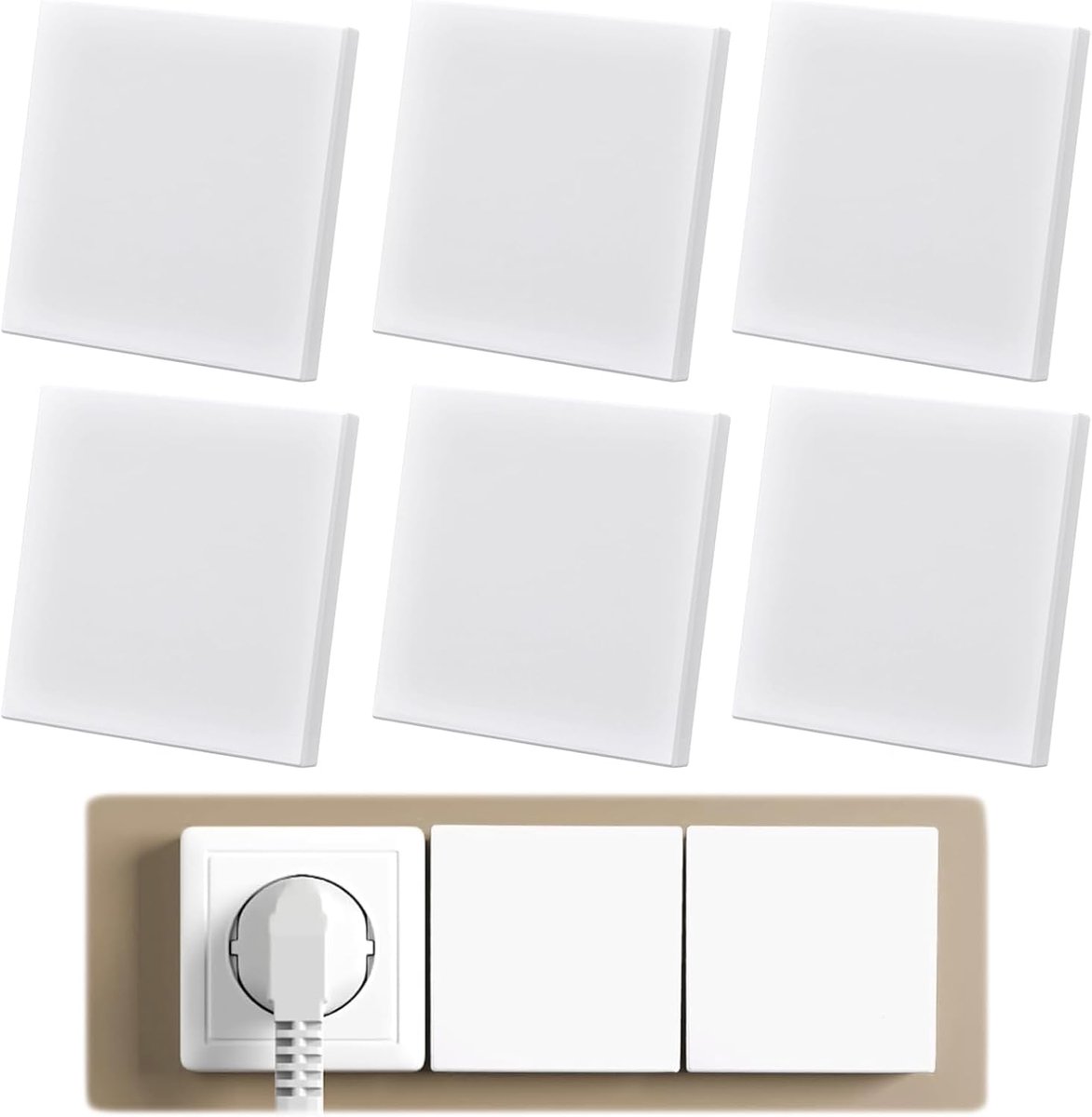 Stopcontact, 6 stuks, blindafdekking 8,6 x 8,8 cm, bevat geen krachtlijm of schroeven, blindafdekkingen voor ongebruikte stopcontacten of schakelaars, wit