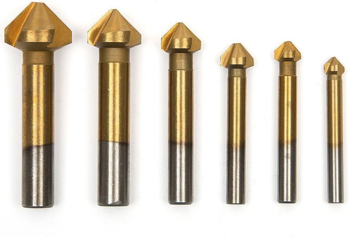 6 stks 90 Graden 3 Fluit 6.3-20.5mm HSS Verzinkboor Titanium Coated Afschuining Cutter End Mill Snijgereedschap Set