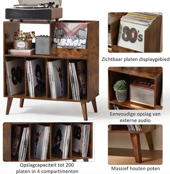 Lìon® Platenspeler Kast - Houder voor Vinylplaten - Platenkastje met Plank - Bruin - 40cm x 80cm x 83cm — afbeelding 4