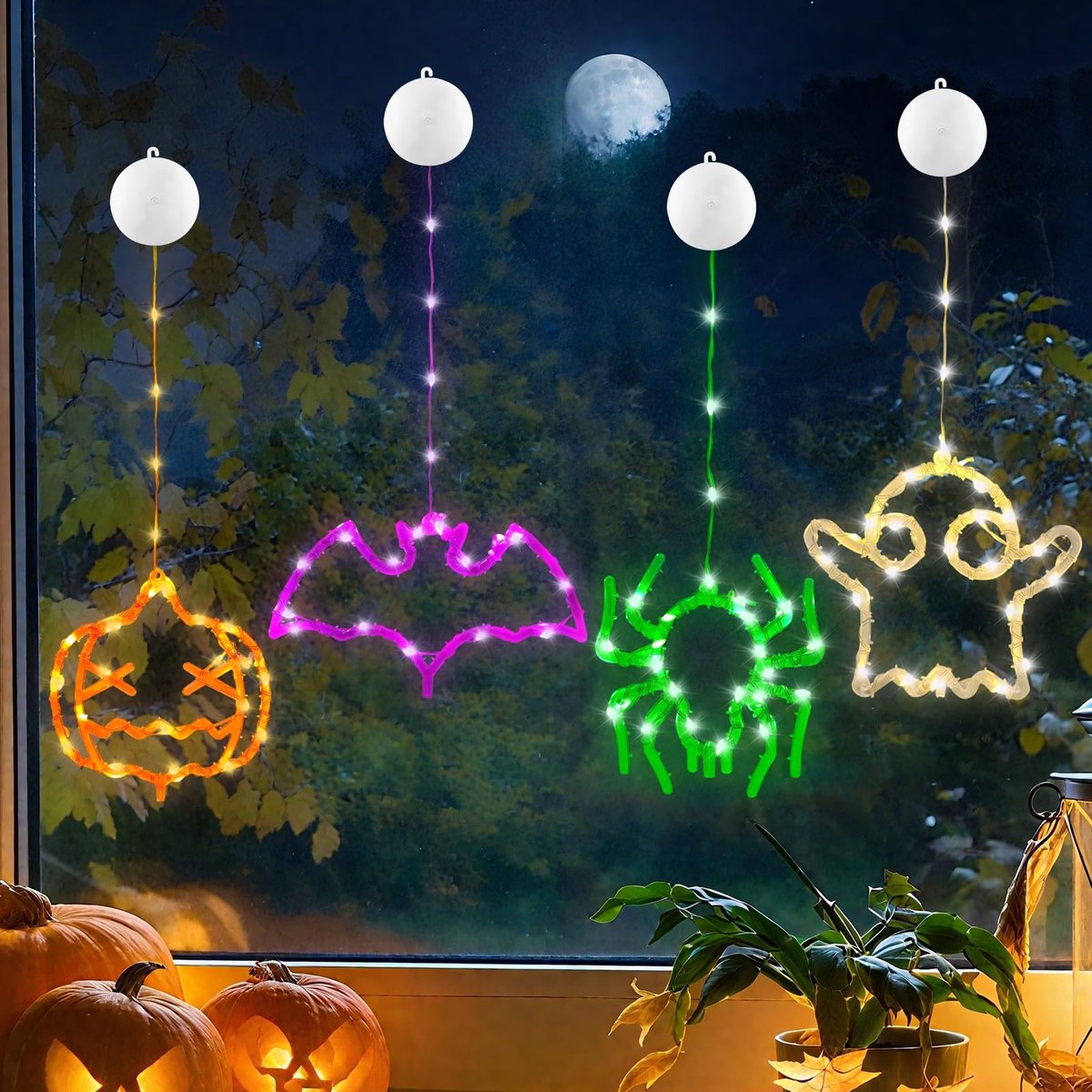 SolidKeus - Set van 4 Halloween Raamdecoraties met LED Verlichting