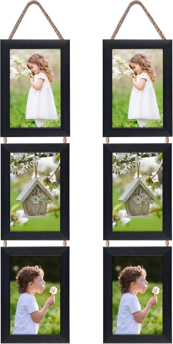 Zwarte fotolijsten 10x15 cm triple collage hangend set van 6 verticale moderne lijsten voor foto's, ansichtkaarten en posters