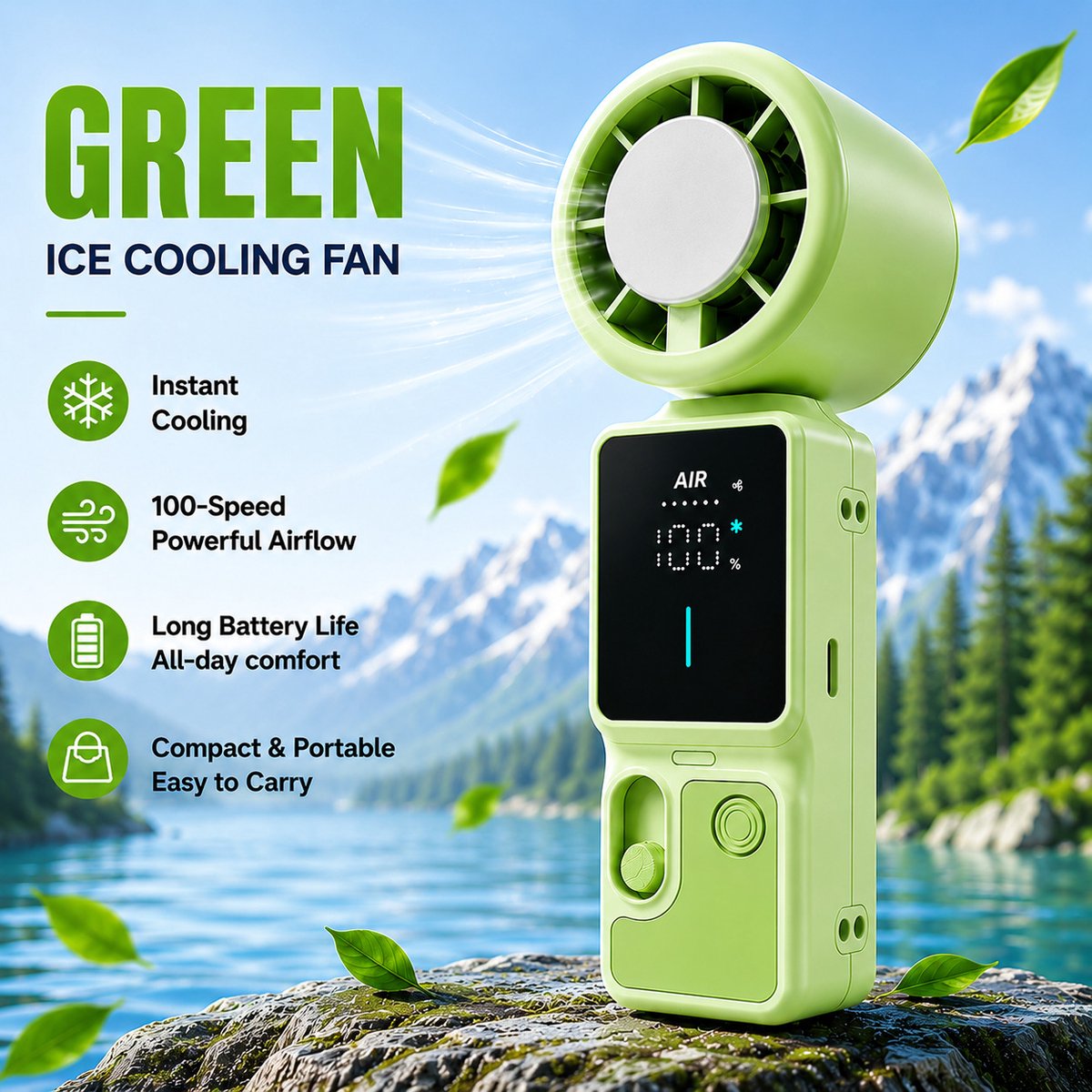 casalora – 3-in-1 draagbare koelfan – actieve koeltechnologie – 16.000 RPM turbomotor – 100-traps schuifregeling – LED-display – 3000mAh batterij – Type-C snelladen – nekband & standaard – voor reis, kantoor & outdoor – groen