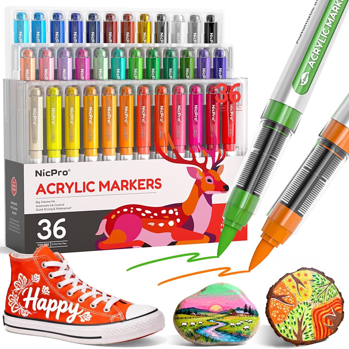 SolidKeus - 36 Kleuren Acrylverf Marker met Borsteltip