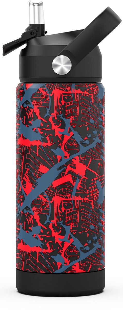 SolidKeus - 18 Oz Waterfles met Rietje voor Kinderen (Geometrisch Rood)