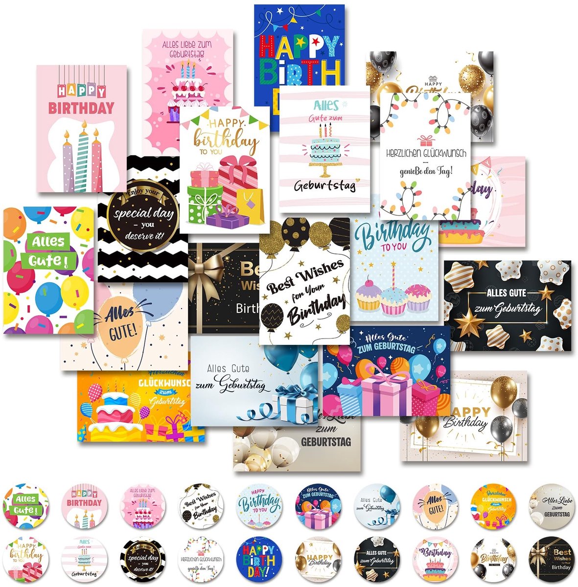 Omgoods - Set van 20 Verjaardagskaarten met Enveloppen en Stickers
