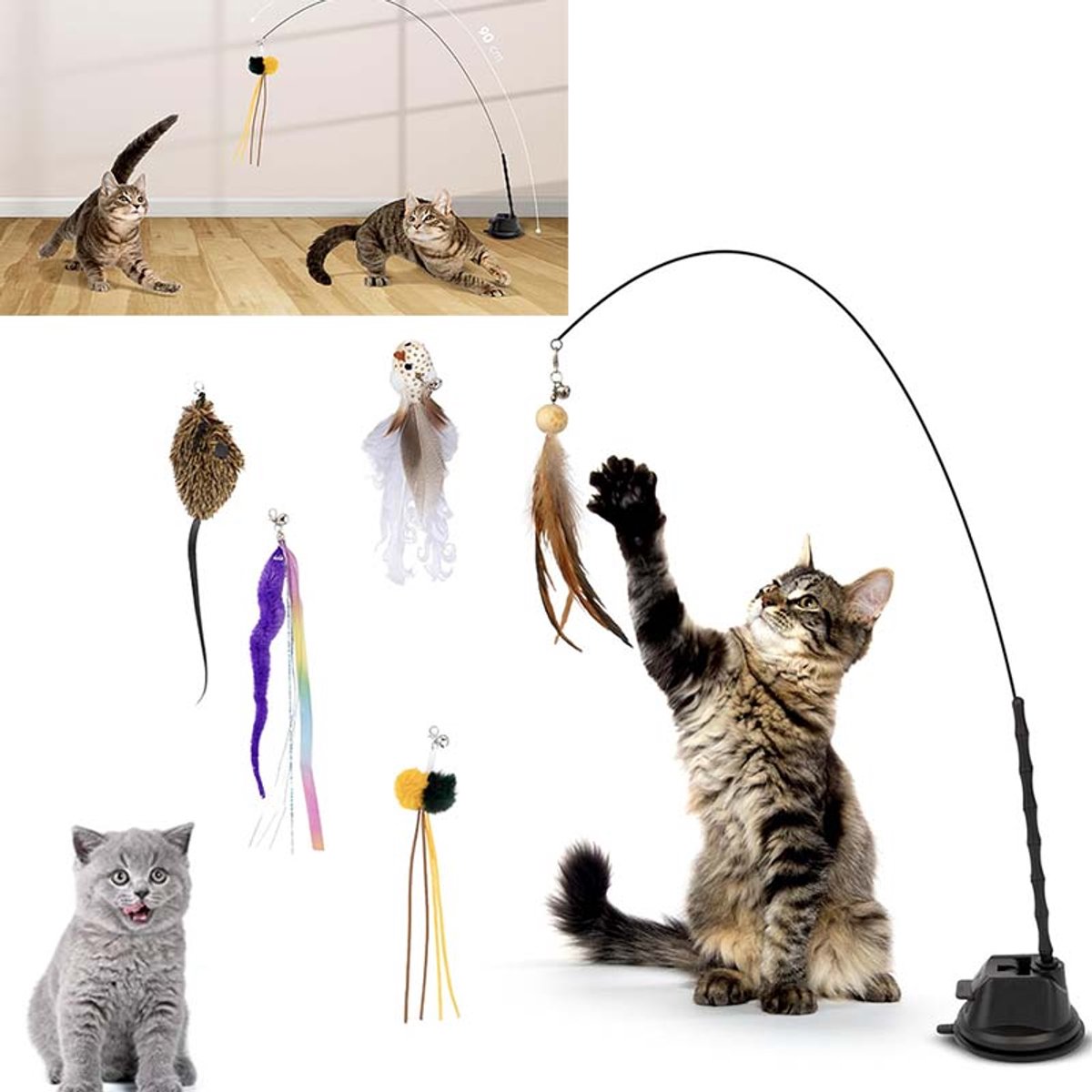 7-delige Kat Hengel Speelgoed - Met Zuignap & Veren - Interactief Vogel-nabootsingsspeelgoed - Kattenspeelgoed Staaf - Voor Jachtinstinct & Spel