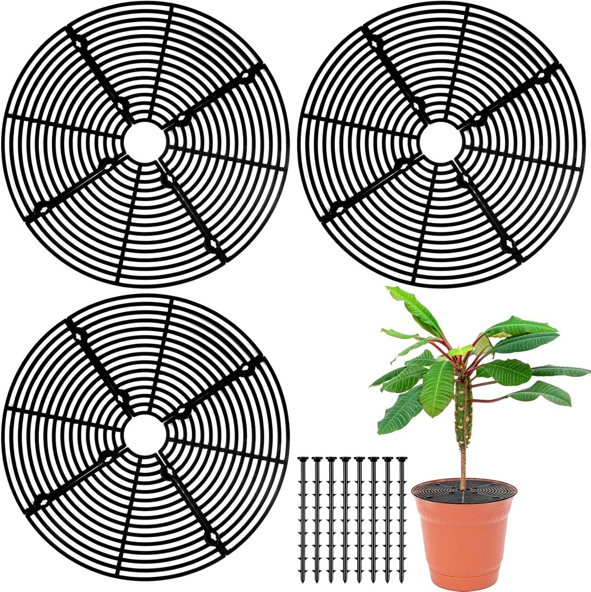 Plantenpotbeschermer - 3 Stuks Zwarte Bloempotroosters - 30 cm - Met Centrale Uitsparing - Beschermt Planten tegen Dieren - Bodembedekker voor Potplanten - Stevig en Herbruikbaar - Tuinaccessoire