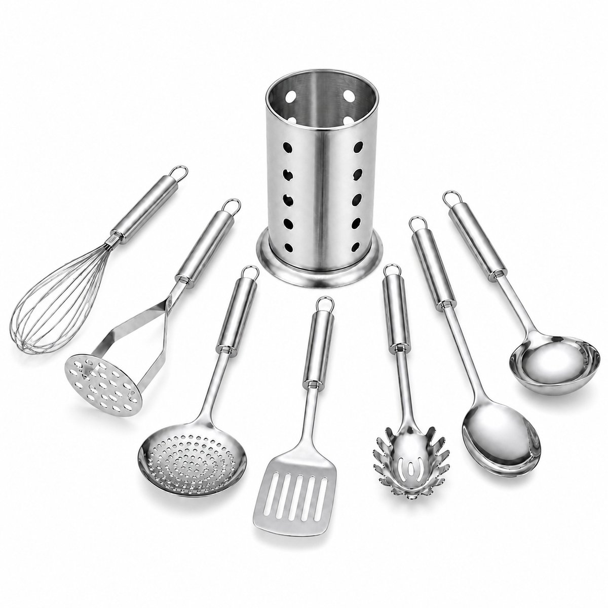 JustValue Keukengerei Set - 8-delig - 18/10 RVS - Met Houder - Zilver
