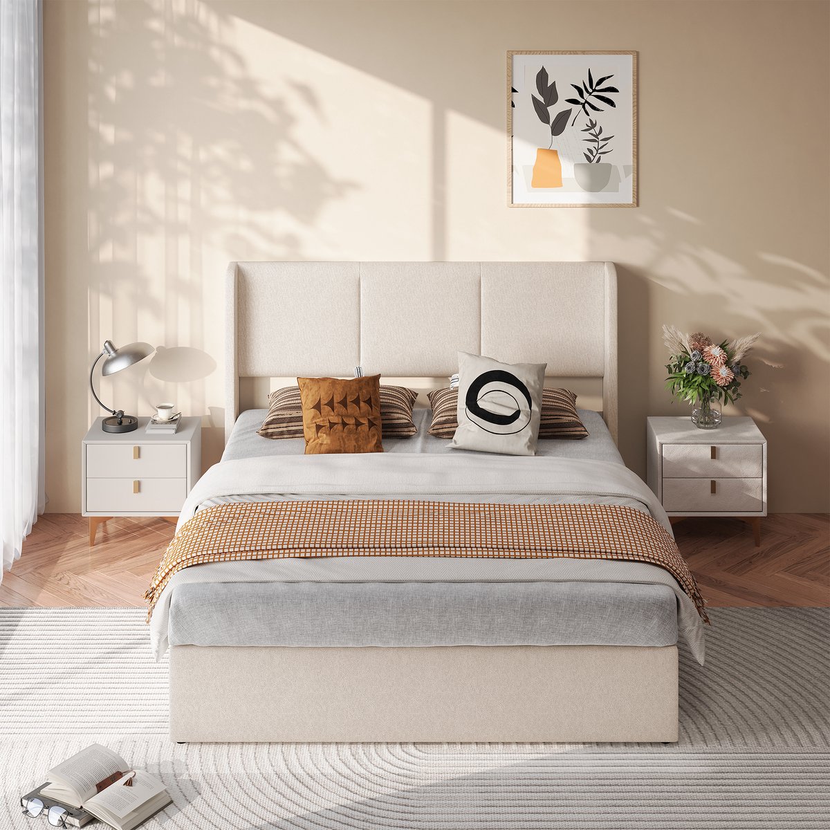 Tweepersoonsbed 140x200 cm Beige met Opbergruimte, Opklapbare Lattenbodem en Gestoffeerd Hoofdbord