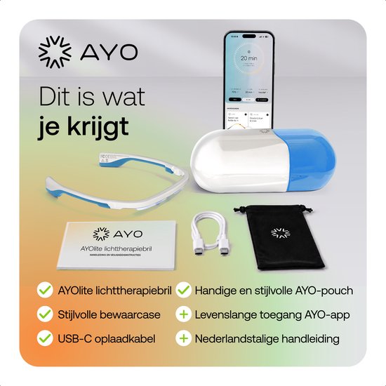 AYO lichttherapiebril, oplader, pouch en handleiding