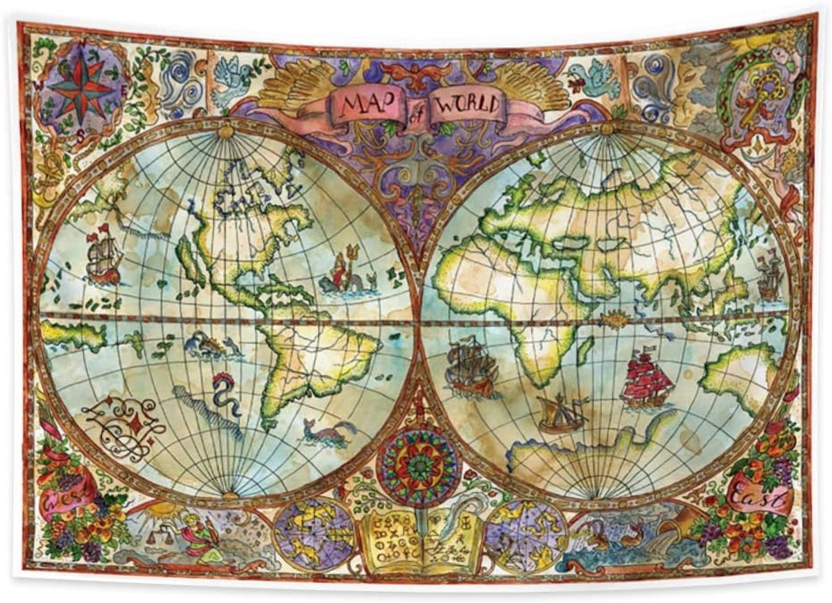 150x100cm Map Wandtapijt, Wereldkaart Wandtapijten Kleurrijk Schilderij Europese Retro Zeekaart Oude Historische Atlas Wandtapijten voor Woonkamer Slaapzaal Decor Tapijt