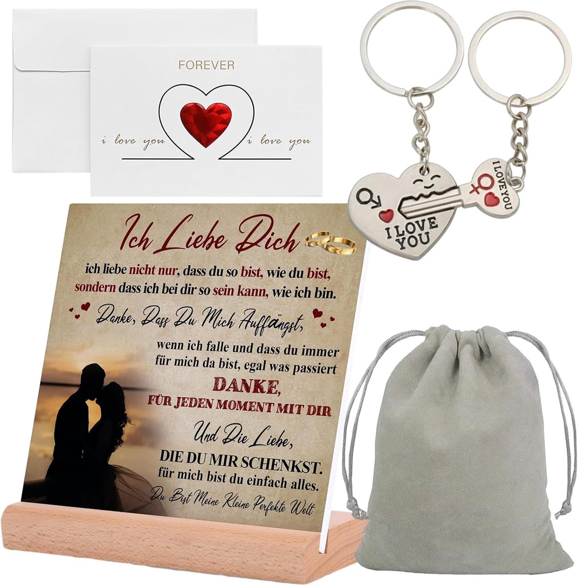 5-delige Valentijnsdagcadeauset, geliefde plaquette met hartjeskaart en hartvergrendeling sleutelhanger en grijs fluwelen zakje, liefdesgeschenk voor vriend, vriendin, hem, haar