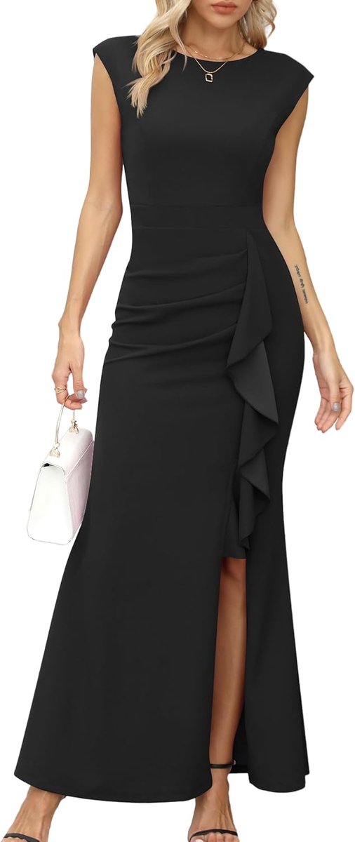 Baljurk voor dames, maxi-avondjurk, cocktailjurk, feestelijke jurk, met vleugelmouwen, ruches, split, zeemeermin, bodycon, geschikt voor bruiloft