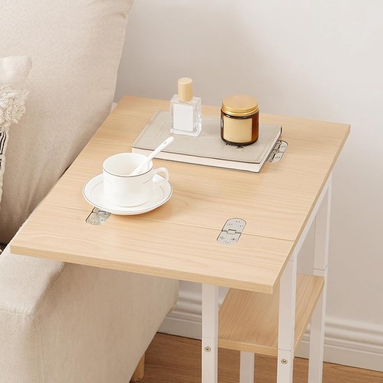 C-vormige bijzettafel, opklapbare banktafel, salontafel, snacktafel met opbergplank, smal nachtkastje voor woonkamer, slaapkamer, metalen frame, witte en houten afwerking EWN29SF01 — afbeelding 2