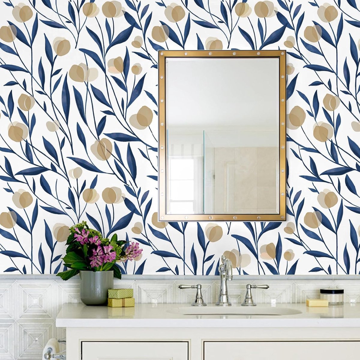 Behang met bloemen, beige, 44 x 1000 cm, zelfklevend behang, beige, bloemen, blauw, bladeren, planten, boho, plakfolie voor meubels, slaapkamer, woonkamer, badkamer, keuken