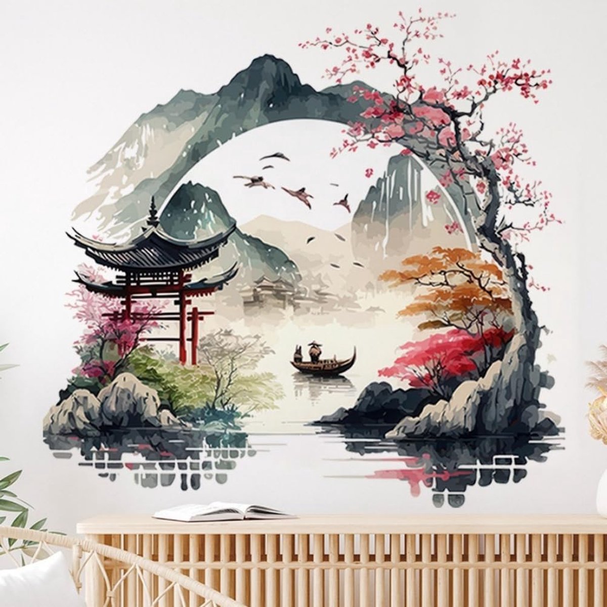 Muursticker Landschap Chinese Schilderij Muursticker Woonkamer Slaapkamer Berg Paviljoen China-deur Rivier Boot Muursticker Kinderkamer Keuken Kantoor Muurdecoratie (China-deur)