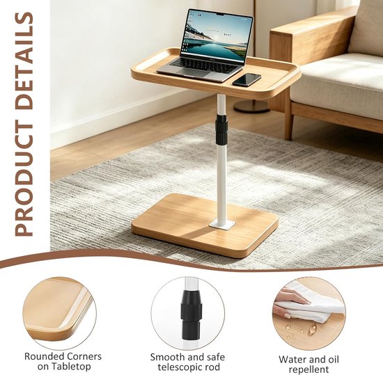 Bijzettafel met wieltjes, in hoogte verstelbaar, 60-90 cm, C-vorm, bijzettafel, hout, 360 graden, mobiele bank, bijzettafel voor woonkamer, bank, bed (natuurlijke houtkleur) — afbeelding 5