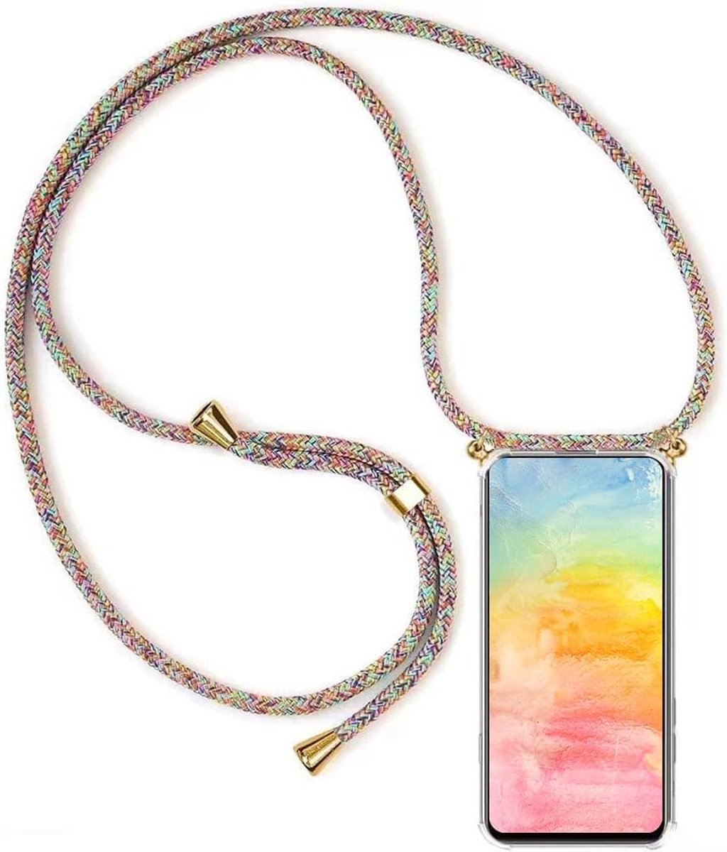 Telefoonhoesje met koord,compatibel met LG Q6, telefoonhoes met koord om om te hangen,beschermhoes met ketting, transparant, zachte TPU-siliconen bumper, Regenboog