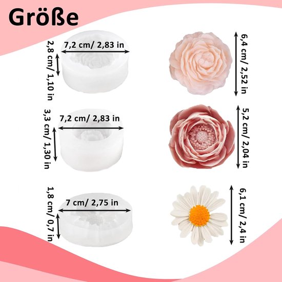 3D siliconen bloemvormen, siliconen vormen set, 3 stuks kaarsvorm bloemen, transparante siliconen zeep bloemvormen, kaarsvormen, roos chocoladevormen (pioenroos, roos, chrysant) — afbeelding 4