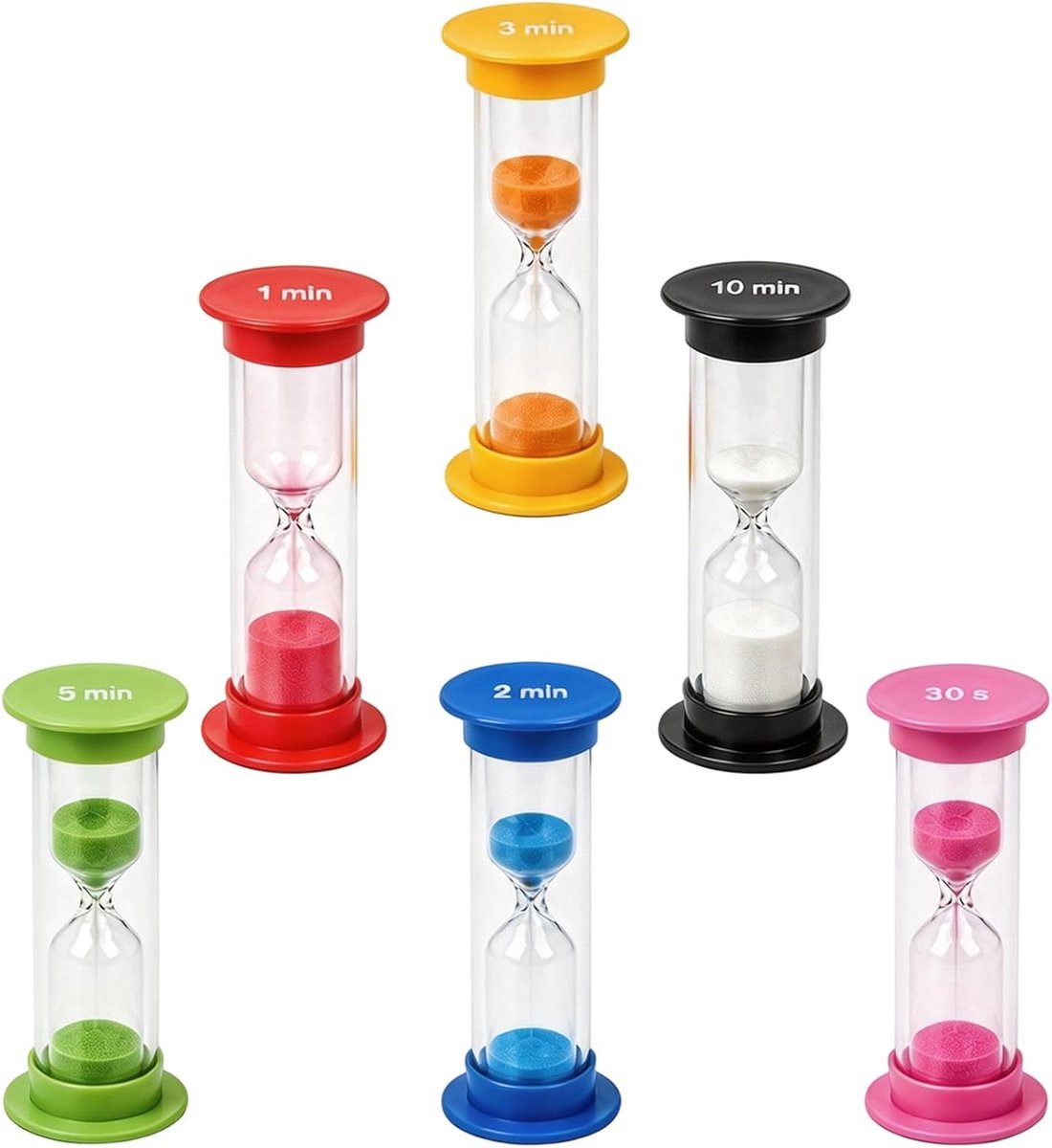 6 stuks kleurrijke zandlopers voor kinderen, zandloperset voor kinderen, (30 seconden/1/2/3/5/10 min.) - Gekleurde leer- en speeltijden voor dagelijks gebruik, thuis en school - creatief cadeau voor