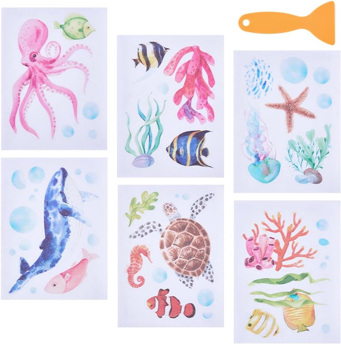 6 zijden oceaan badkuip antislip stickers voor badkuip, multipack met schraper, kunststof, zeedier, schelp, stickers voor