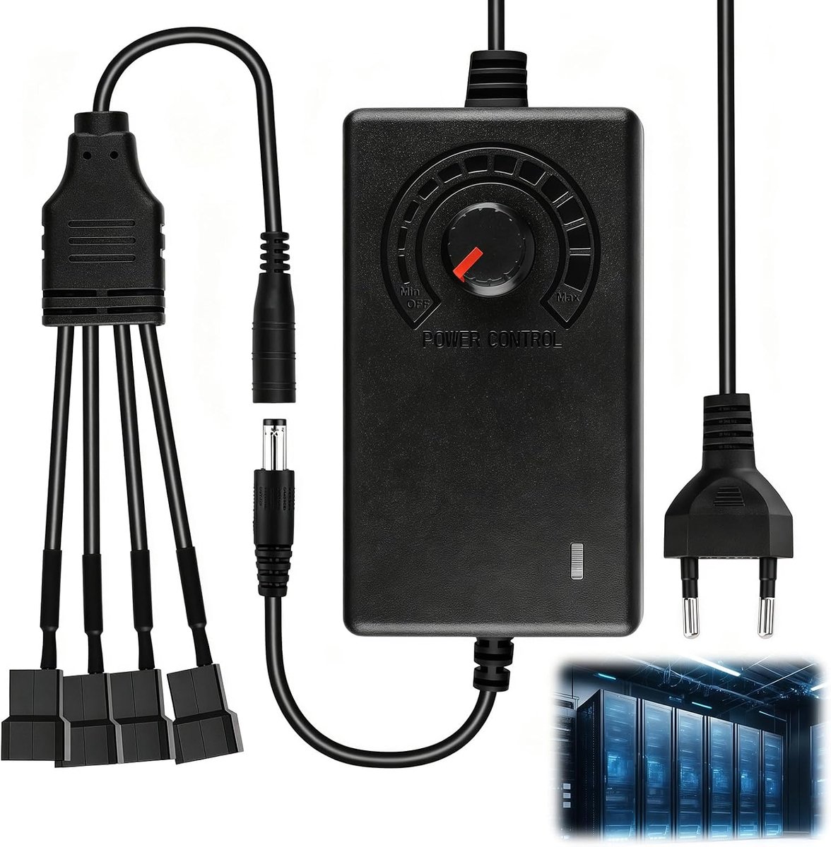 4-pin PWM-ventilatorcontroller met 12V-voeding, ventilatortoerentalregelaar 100-240V AC naar 3-12V DC 24W 2A, ventilatortoerentalregelmodule met 1 naar 4 splitterkabel voor PC-ventilator ontvanger