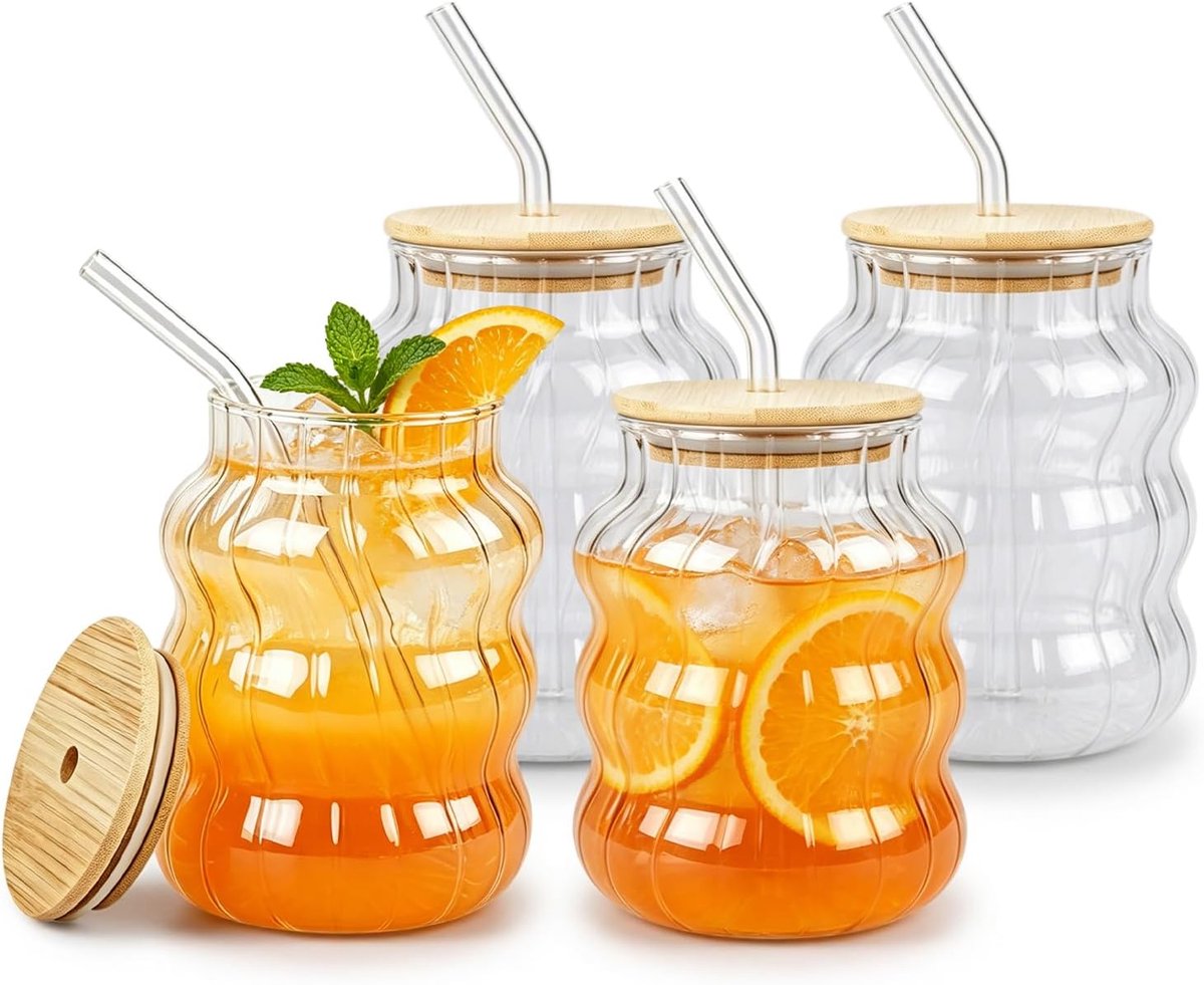 Set van 4 Bubbelglazen met Rietje, 650ml Geribbelde Glazen Waterbeker met Bamboe Deksels, Ljskoffiebeker, Matcha Glazen Koffiekopjes voor Cocktail Sap Ljskoffie Melk Latte Macchiato Bier