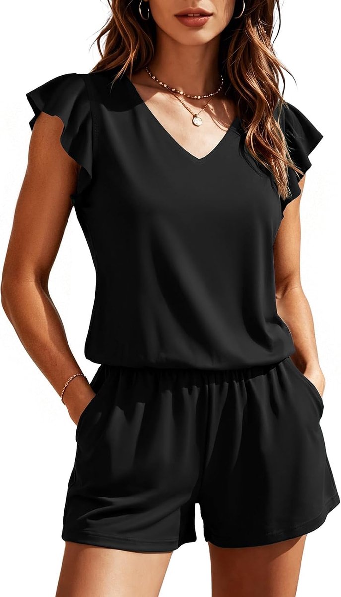 Eendelige zwemromper voor dames, V-hals, ruches mouwen, buikcontrole, badpak met bescheiden zakken, badmode, shorts