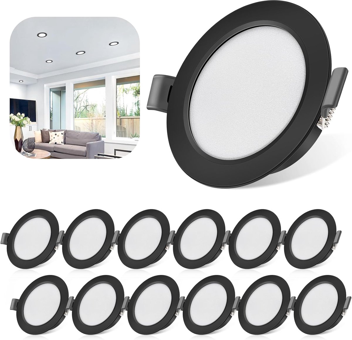 Ultravlak, 230 V, 5 W, IP44, 6000 K, koudwit, set van 12 ledspots, 68-80 mm inbouwdiameter, 450 lm, zwart, plafondlamp, inbouwdiepte 25 mm, inbouwlampen, plafondspot voor badkamer