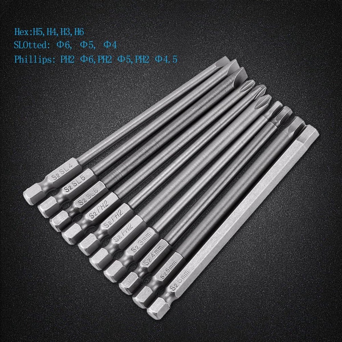Lange schroevendraaier bits + bits, 10 stuks 1/4 inch zeskantschacht 100 mm magnetisch BST-set (gegroefd + kruis + zeskantkop)