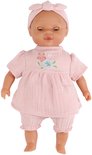 Babypop Yara met roze outfit en bloemenborduursel, met gesloten oogjes.