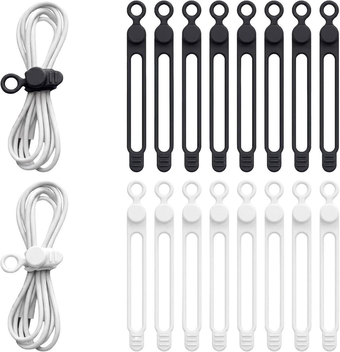 Herbruikbare siliconen kabelbinders, 16 stuks kabelorganizerset voor effectief kabelbeheer, elastische kabelhouders voor USB-datakabels, zwart-wit, ideaal voor kantoor en reizen