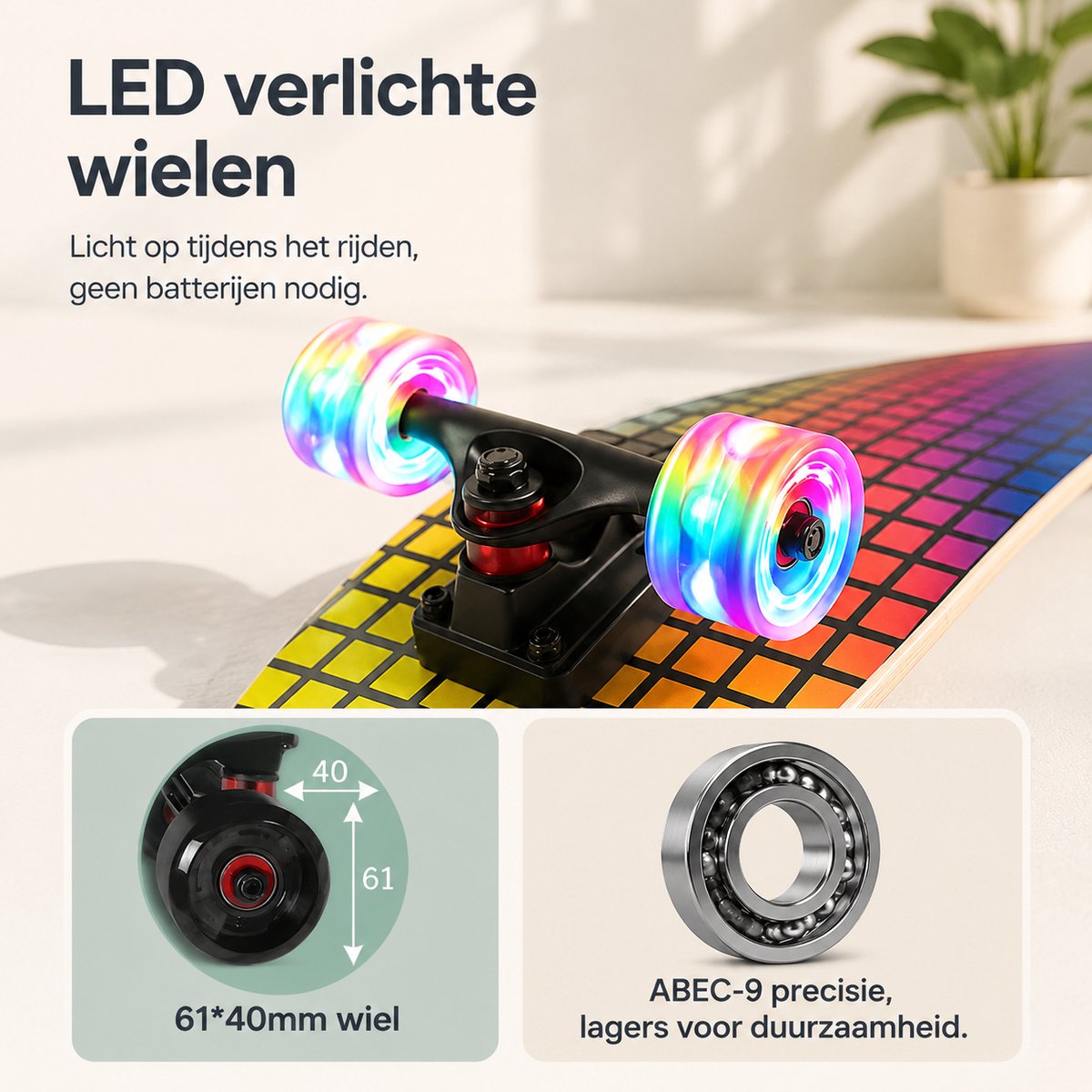 Suotu Skateboard met LED Lichtgevend Dek & Wielen - 80x20cm - ABEC-9 - 95A - Schokabsorptie - Jongens - Meisjes - Volwassenen Skateboards - Gekleurd raster — afbeelding 8