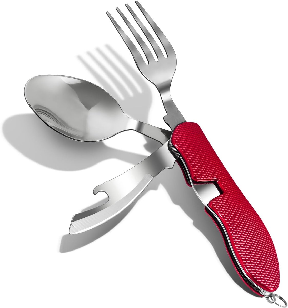 Bestek Roestvrij Staal - Opvouwbaar Camping Bestek met Mes, Vork, Lepel & Flesopener voor Outdoor, Reizen en Survival - Rood