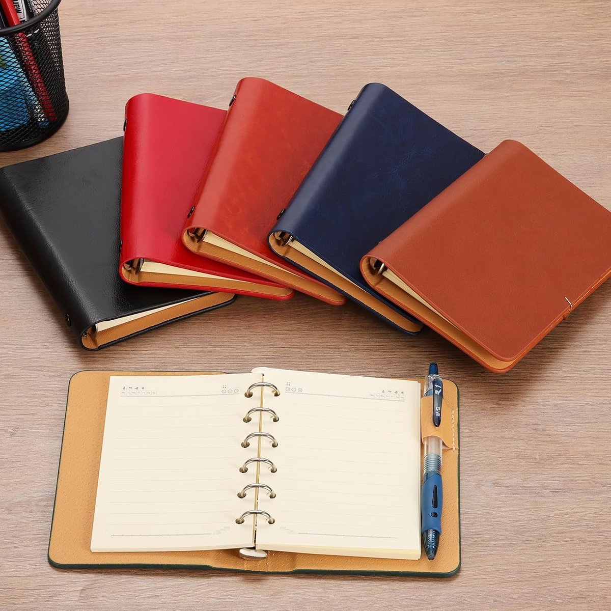 6 ringbinders, A7, lederen notitieboek, ringband, mini, navulbaar, losse bladen, persoonlijke planner met 50 vellen lijnpapier, oranje