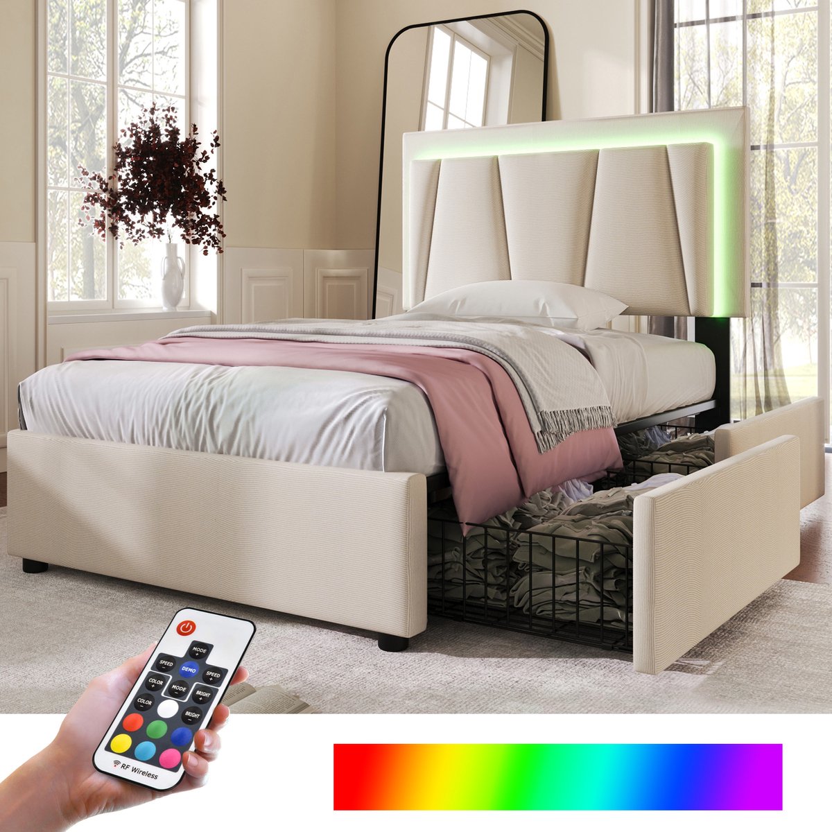 Bedframe - 90x200 Cm - Bed - Met Lattenbodem - Met Opbergruimte - LED - Beige - Zonder Matras