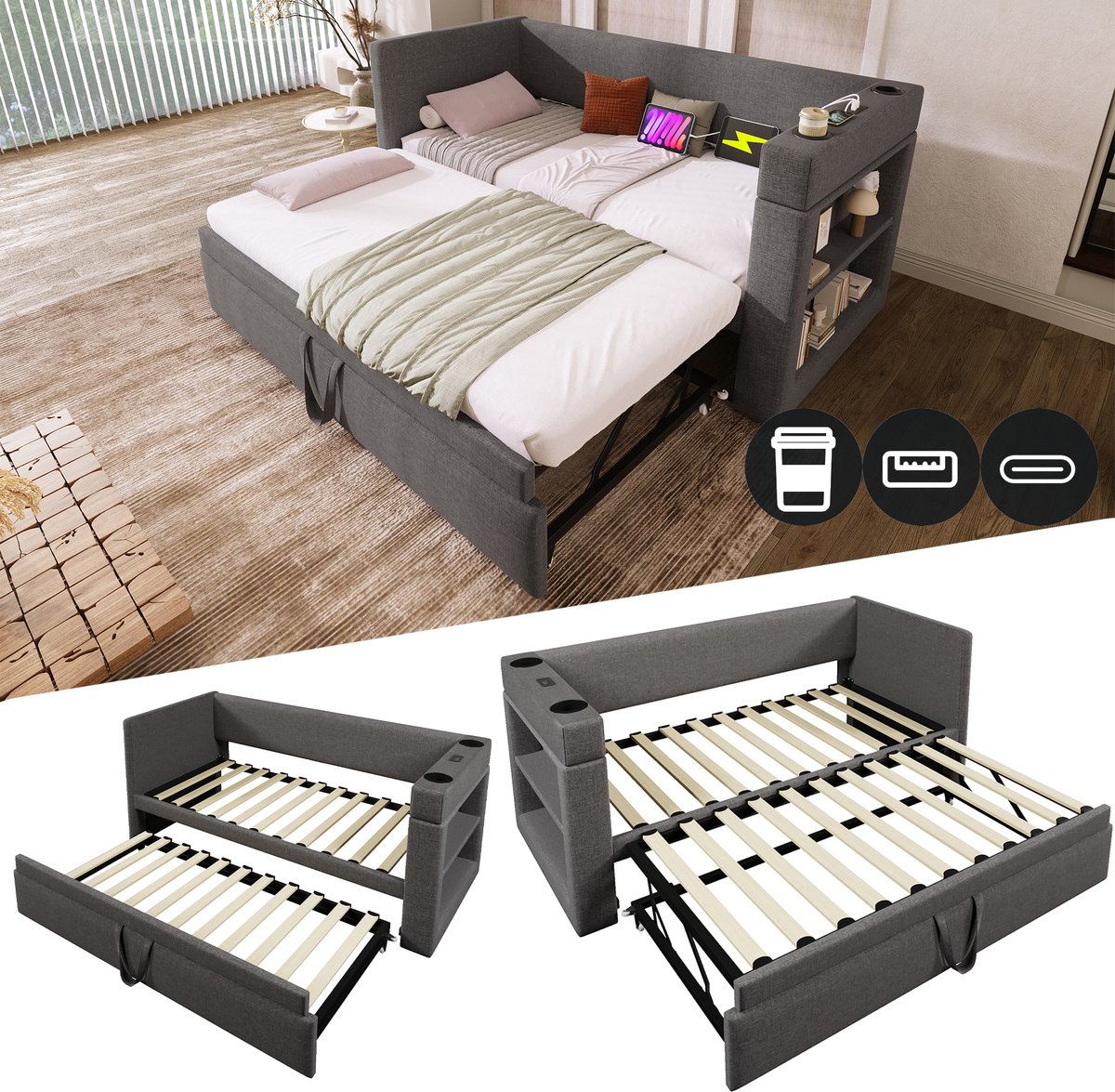 Bedbank - 90x190 Cm - Bed - Met Lattenbodem - USB C - Grijs - Zonder Matras