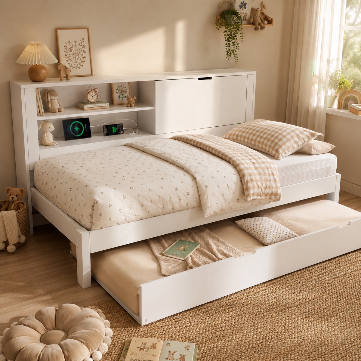 Bedbank - 90x200 Cm - Bed - Met Lattenbodem - Met Opbergruimte - USB C - Wit - Zonder Matras
