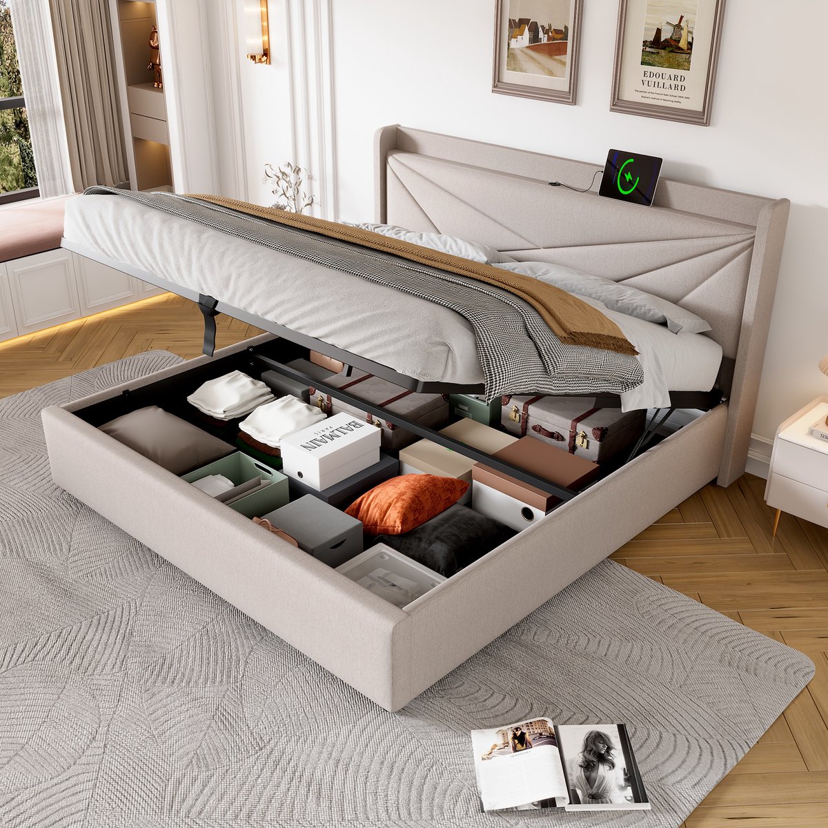 Bedframe - 180x200 Cm - Bed - Met Lattenbodem - Met Opbergruimte - USB C - Beige - Zonder Matras
