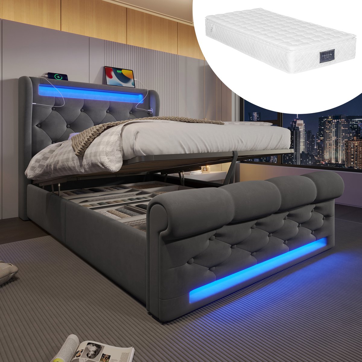 Bedframe - 90x200 Cm - Bed - Met Lattenbodem - Met Opbergruimte - LED - USB C - Grijs - Met Matras