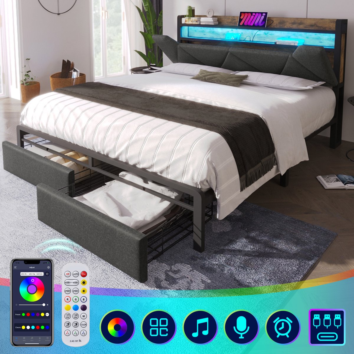 Bedframe - 140x200 Cm - Bed - Met Opbergruimte - LED - USB C - Grijs - Zonder Matras