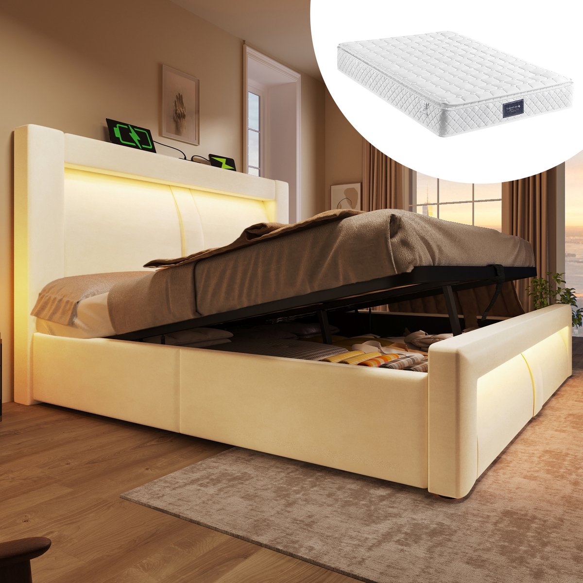 Bedframe - 160x200 Cm - Bed - Met Lattenbodem - Met Opbergruimte - LED - USB C - Beige - Met Matras