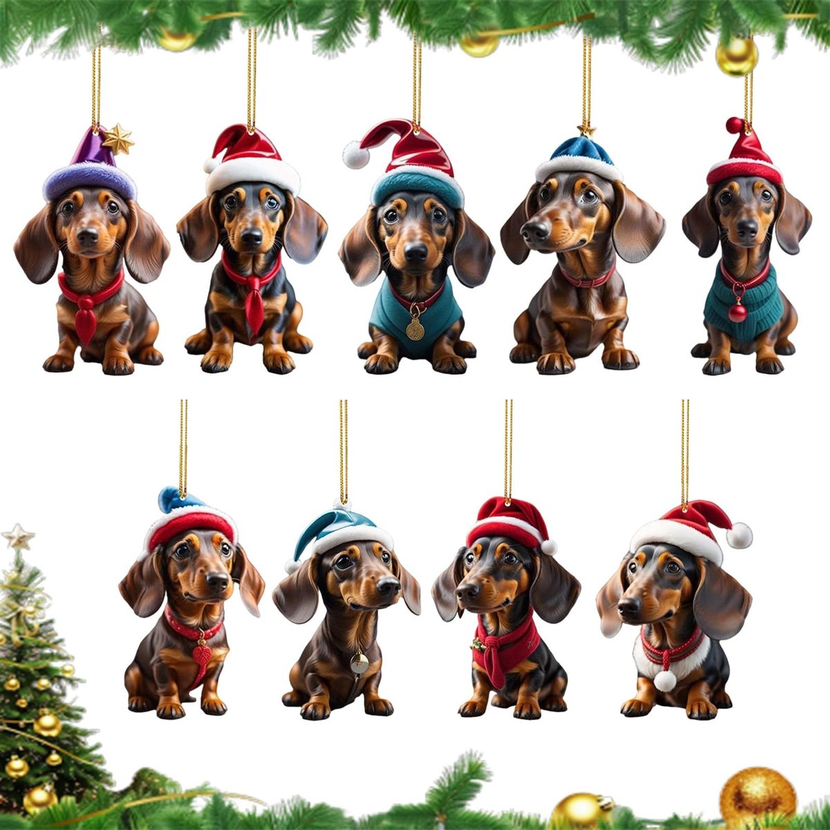SolidKeus - Set van 9 Teckel Kerstdecoraties voor aan de Boom