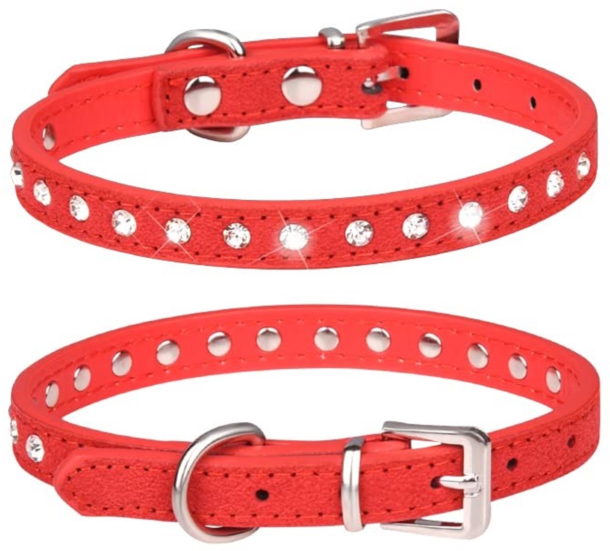 SolidKeus - Suède Hondenhalsband met Bling Rhinestones - S, Rood