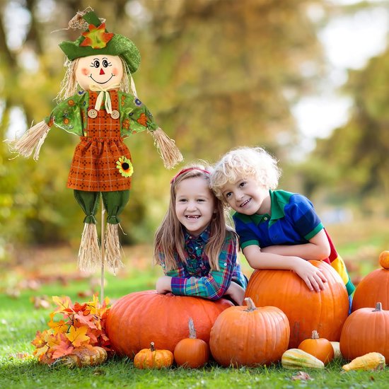 Oogst vogelverschrikker, decoratieve staander, vogelafweer, staande stropop, decoratiefiguur, tuinsteker, bloembed, bloembed, decoratie, figuur Halloween, decoratie voor herfst, Thanksgiving thuis en tuin — afbeelding 4