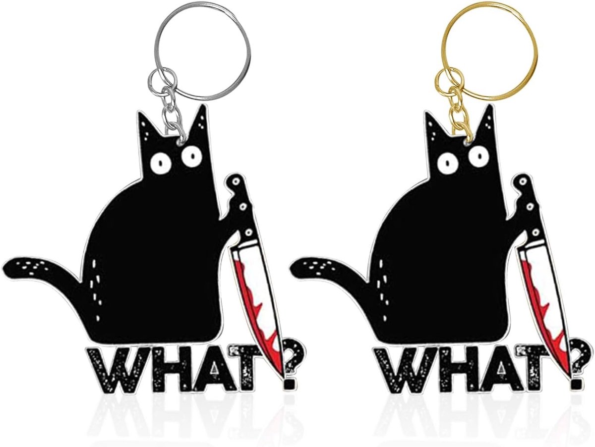 2 stuks zwarte kattensleutelhangers, grappige cartoon-dierensleutelhanger, creatieve acryl hangers, geschikt voor tassen, sleutels en mobiele telefoon accessoires (goud, zilver), zwart, Eén