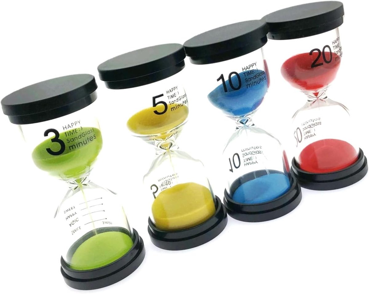 4 x zandtimerset, zandloperset, zandklok, zandloper met zandset voor thuiskeuken, kantoordecoratie (3 minuten / 5 minuten / 10 minuten / 20 minuten)