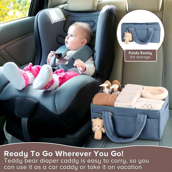 Luiermand - Babyopbergmand - Verzorgingsmand - Reismand - Zachte teddy stof comfortabele handvatten - Verstelbare binnenverdelers meerdere voorzakken - Teddy fleece - 38×25×18 cm - Geschikt voor babykamer kraamcadeau thuisopruiming - Blauw — afbeelding 4