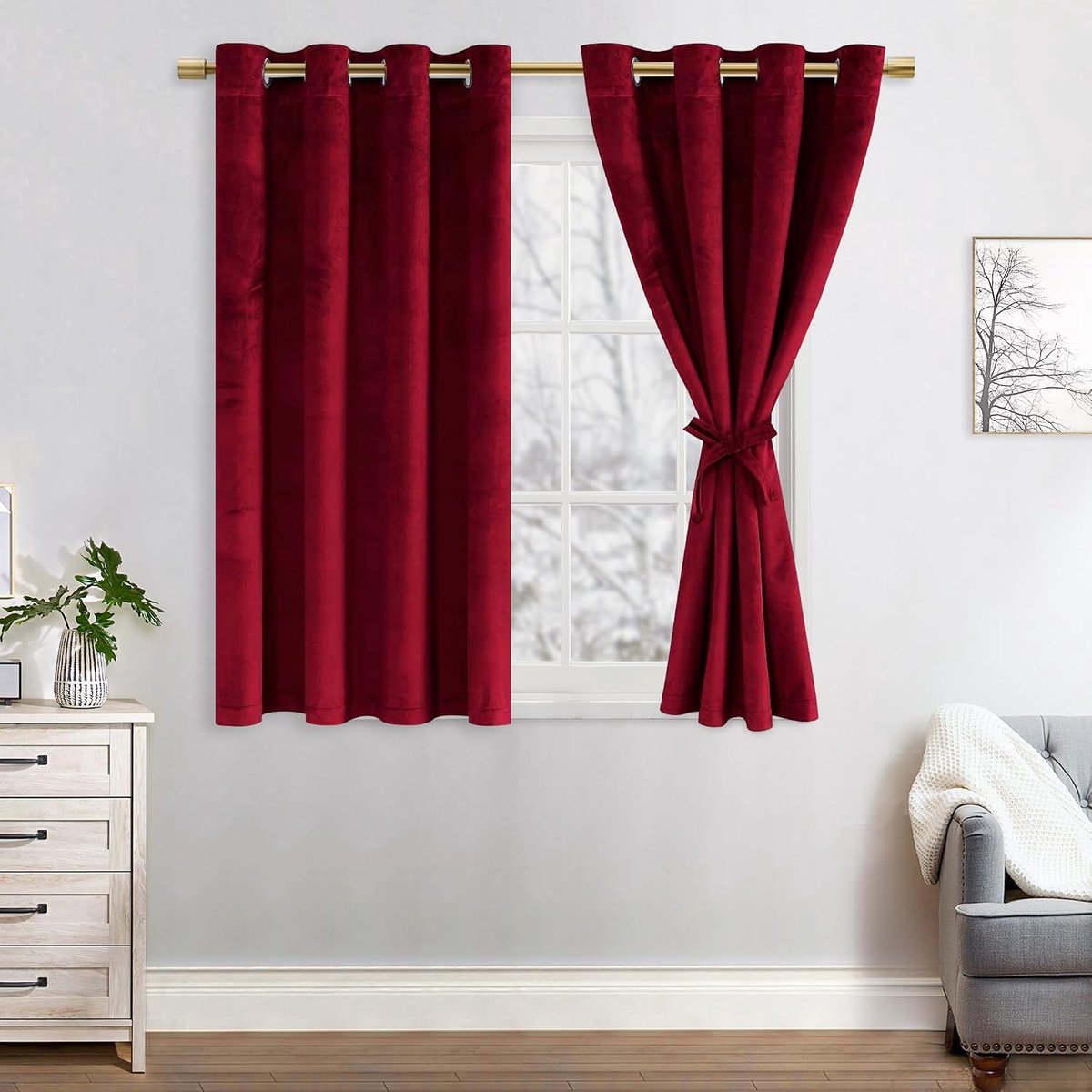 Fluwelen gordijn kerst woonkamer fluwelen gordijn kerst decoratie gordijnen met oogjes set van 2 gordijnen slaapkamer gordijn koude bescherming fluwelen geluidsisolatie gordijnen, rood, 145 x