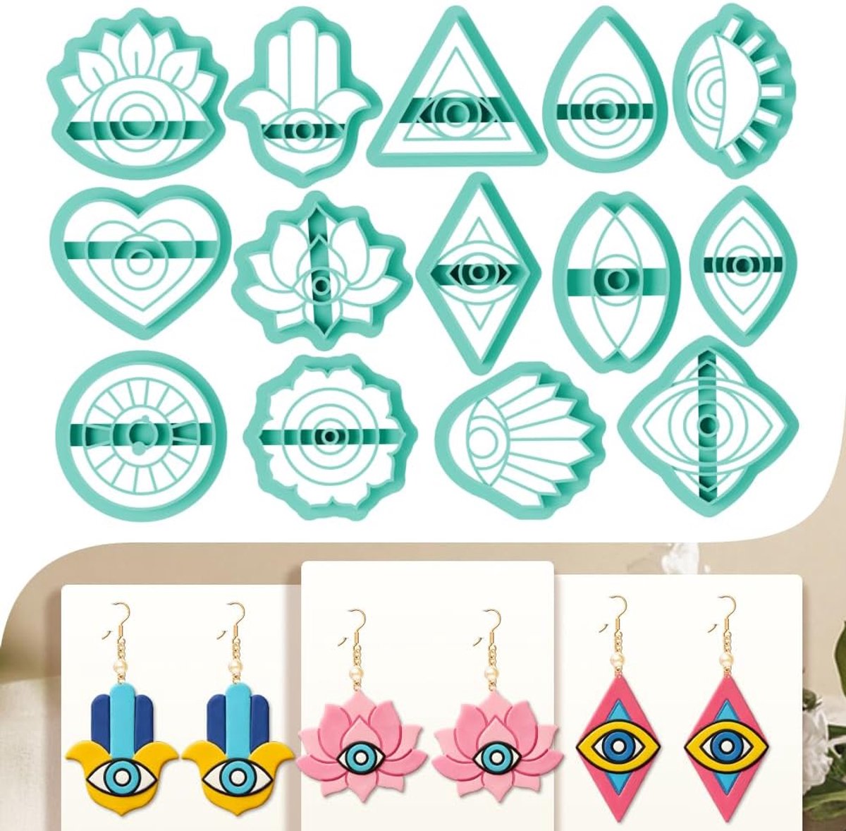 14 stuks uitsteekvormen voor oorbellen in boho-stijl van polymeerklei motieven boze oog Hamsa hand lotus geometrisch zonnepatroon klei vormen doe-het-zelf sieraden gereedschap